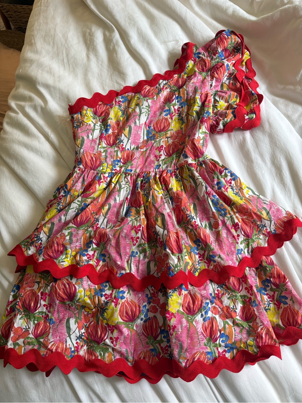 One-Shoulder Pink Floral Tiered Dress with Red Trim